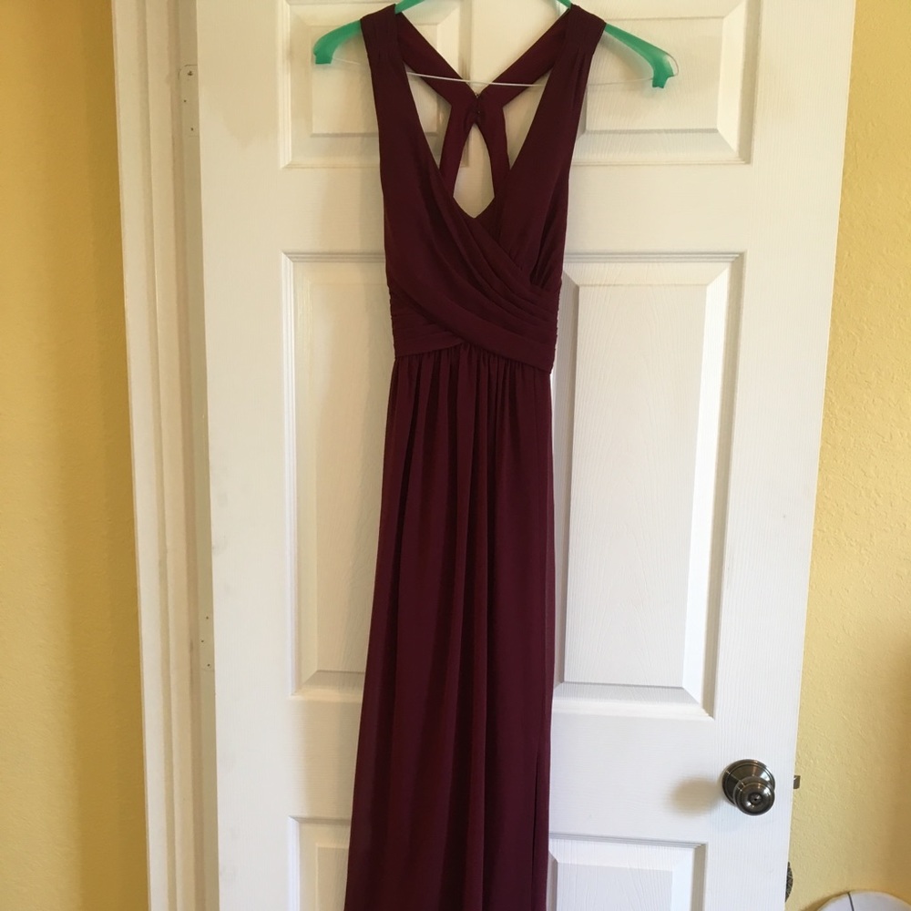 Bill Levkoff wine bridesmaid gown